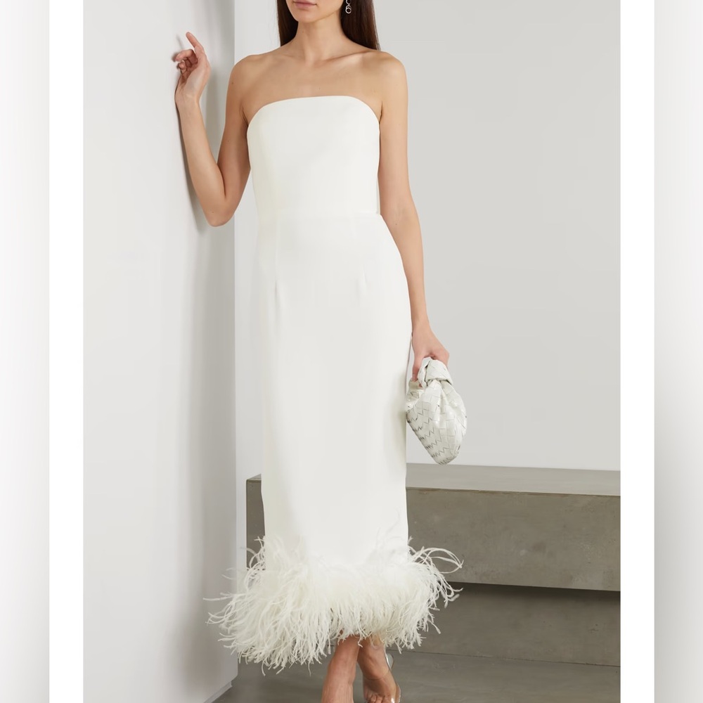 NWT 16Arlington | White Minella Strapless Feather-Trimmed Midi Dress - UK 8